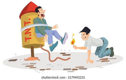 Man is tied to dynamite. TNT terrorism. Funny people. Illustration concept template for website, web landing page, banner, presentation, social, poster, promotion or print media.