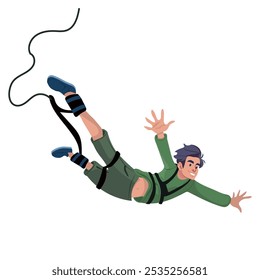 Man tied with elastic rope falling down after bungee jump. Happy jumper fly after extreme bungy leap with cord. Flat vector illustration of person during free fall isolated on white background.