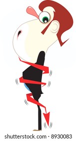 A man is tied up the full body with a red arrow 	