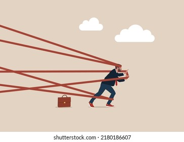 Man tied up with red tape trying to run away with full effort. Business difficulty or struggle with career obstacle, limitation and trap or challenge to overcome to success concept.