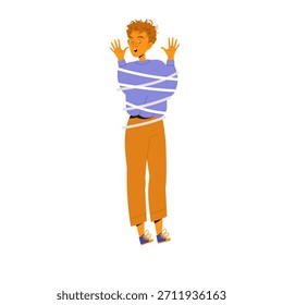 Hombre atado con cuerda gritando por ayuda de pie con las manos levantadas Ilustración vectorial