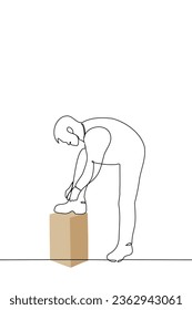 man ties his shoelace with his foot on a box - one line art vector