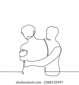 man tightly hugs another man who doesn't really want it - one line art vector. concept forcibly hugging, tactile and non-tactile friends, brotherly relationship