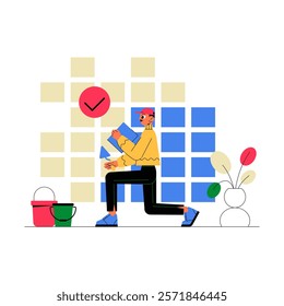 Man Tiling Wall With Bucket And Sponge In Flat Vector Illustration Symbolizing Construction, Renovation, And Home Improvement, Isolated On White Background