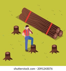 Man with timber isometric 3d vector concept for banner, website, illustration, landing page, flyer, etc.