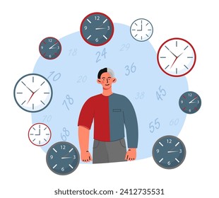 Man with time flow. Process of aging and growing up. Half young guy and half senior with grey hairs near different clocks and watches. Cartoon flat vector illustration isolated on white background