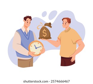 Man and Time Management with Clock Dial and Money Sack Vector Illustration