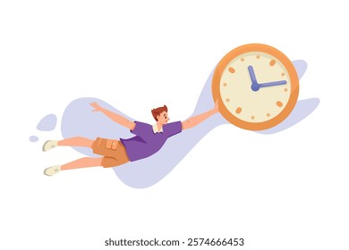 Man and Time Management Flying Hold Clock Dial Vector Illustration