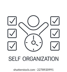 Man, time, successfully completed work. Self organization. Vector linear icon isolated on white background.