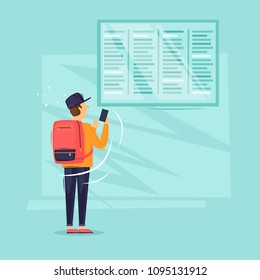 Man is at a timetable at the airport. Flat design vector illustration.