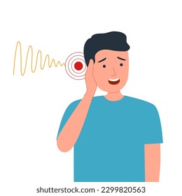 Man with tinnitus disease in flat design on white background. Ear pain.