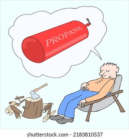 The man is tired of chopping wood, he dreams of gas heating. Vector illustration. Caricature
