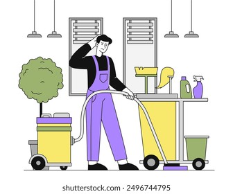 Man tired of cleaning. Young guy in uniform with vacuum cleaner cleaning room. Mental burnout and overload. Overworked person with mop. Linear vector illustration isolated on white background