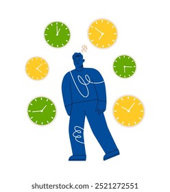 Man is tired and depressed. Problems with missing deadlines causing troubles. Colorful vector illustration