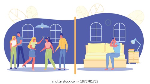 Man Tired And Distressed With Loud Neighbours Behavior And Disrespectful Attitude To People Living Next Door. Late Noisy Party With Music In Apartment House. Flat Cartoon Vector Illustration.