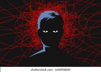 Man with tired exhausted eyes, and red lines around head as symbol of obsessive depressive thoughts, anxiety disorder, chronic fatigue and nervous tension. Concept of mental health