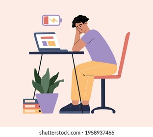 Man tired of hard working, burnout because of work, guy at office sits by the table with laptop and procrastinating, unhappy person overworked and needs battery recharge. Modern trendy illustration