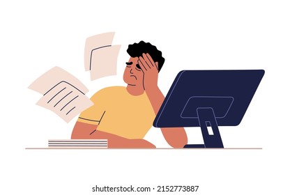 Man Tired Of Hard Working, Burnout At Work. Guy At Office Sits By The Table With Computer. Unhappy Person Overworked. Hand Drawn Vector Illustration Isolated On White Background. Flat Cartoon Style.