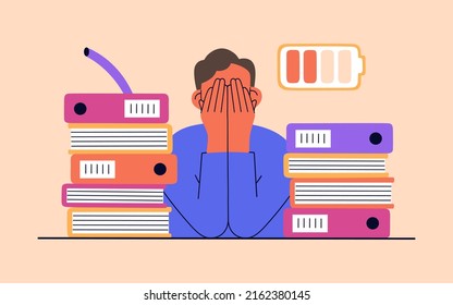 Man tired of hard working, burnout at work. Guy sitting at a table with a stack of folders. Unhappy person overworked. Hand drawn color vector illustration isolated on light background. Flat style.