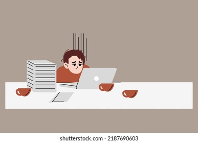 Man tired of hard working, burnout because of work, guy at office sits by the table with laptop and procrastinating, unhappy person overworked and needs battery recharge. Flat style vector design