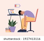Man tired of hard working, sleepy at work, guy at office sits by the table with laptop and procrastinating, unhappy person overworked, needs battery recharge. Modern trendy illustration, flat style