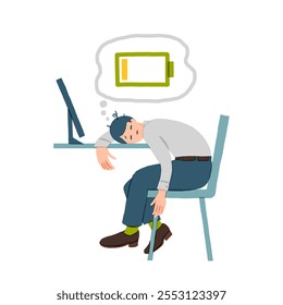 Man tired of hard working, sleepy at work, guy at office sits by the table with laptop and procrastinating, unhappy person overworked, needs battery recharge. Modern trendy illustration, flat style