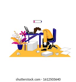 Man tired of his work. Young exhausted employee sitting in front of laptop in stress and emotional burnout because of deadline. Busy office atmosphere. Trendy flat vector illustration