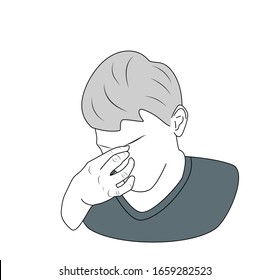 the man is tired. holding his hand to his head. vector illustration.