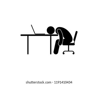 the man was tired, lay down his head on the table, the stick figure piktormma man worker, work at the computer, fatigue