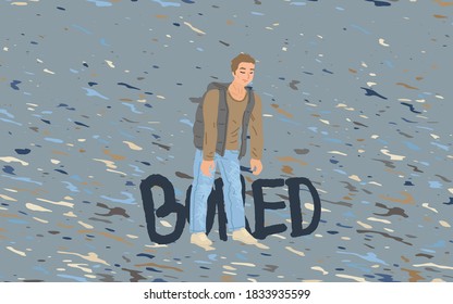 Man in a tired pose, the inscription is bored. Banner with the mental state of the character. Gray background with a pattern in the form of rain. Vector illustration