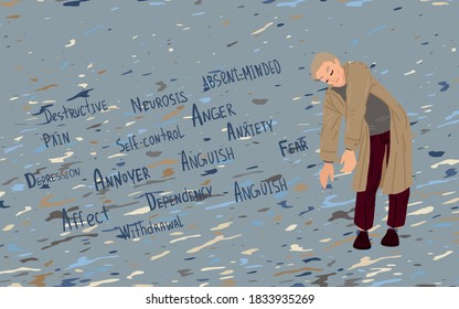 Man in a tired pose, upset. Psychology terms, name for mental health disorders. Depressive mood. Vector illustration of character on grey background
