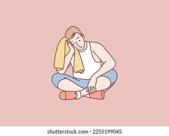 man tired resting sit after training workout wipe with towel simple korean style illustration