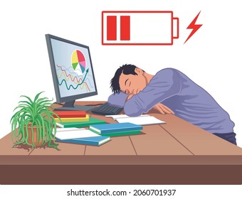 Man tired and sleep on desk in workplace vector illustration. Burnout syndrome exhausted at work.
