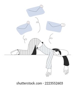 A man tired of spam messages lies on a pillow. the concept of annoying advertising. a break from social life . Vector illustration in flat style