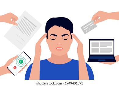Man tired in stress at multitasking work and overworked. Businessman hold head hands because of headache and tension from job. Male needs to answer phone call, sign document, work at computer. Vector