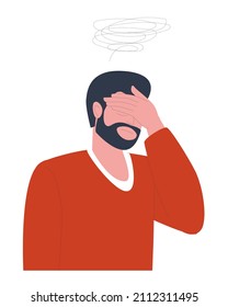 The man is tired, thoughtful or upset. Lots of thoughts in my head. Tired at the end of the day. Hand face. Flat vector illustration on white background isolated