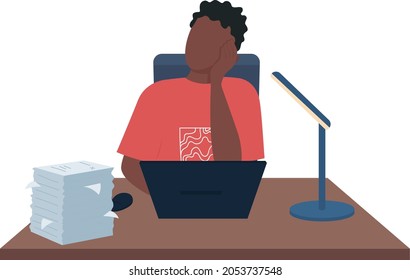 Man tired from work semi flat color vector character. Sitting figure. Full body person on white. Paperwork overload isolated modern cartoon style illustration for graphic design and animation