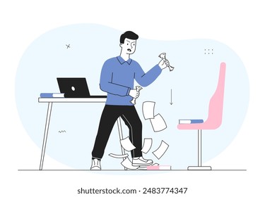 Man tired of work. Young guy in office throws papers in rage. Negative feelings and emotions, emotional burnout. Furious worker and employee in office. Linear vector illustration