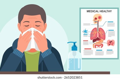 Um homem com um tecido sobre seu nariz, provavelmente doente, é retratado em um contexto de ilustração médica. Um mapa médico com diagramas dos sistemas respiratório e digestivo é visível em segundo plano.