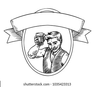 Man toasting with beer label logo vintage vector hand drawing