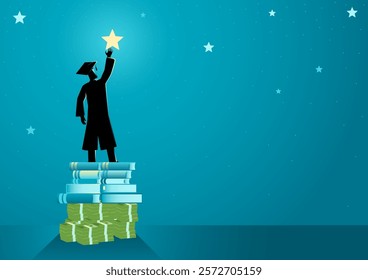 Man in a toga, symbolizing knowledge, standing atop stacks of money and books reaching for a star. Represents education costs, student debt, and financial challenges in pursuing higher education