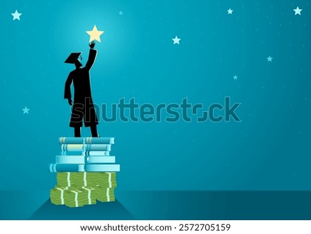 Man in a toga, symbolizing knowledge, standing atop stacks of money and books reaching for a star. Represents education costs, student debt, and financial challenges in pursuing higher education
