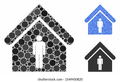 Man toilet building composition of filled circles in variable sizes and color tints, based on man toilet building icon. Vector small circles are united into blue composition.