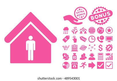Man Toilet Building pictograph with bonus icon set. Vector illustration style is flat iconic symbols, pink color, white background.