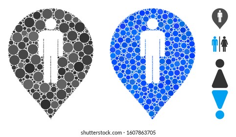 Man toilet marker composition of circle elements in variable sizes and color hues, based on man toilet marker icon. Vector circle elements are united into blue collage.