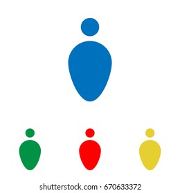 Man - toilet, restroom. Vector. Big blue flat icon with red, green and yellow small icons at white background. Isolated.