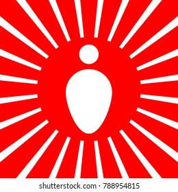 Man - toilet, restroom. Vector. White icon on red sun with rays as background. Isolated.