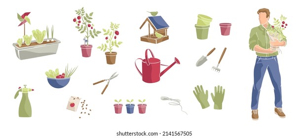 Man with tomato plant in pot and set elements about growing vegetables on balcony,gloves, garden tools, watering can, pots, plants in a container. Vector   illustration with abstract colour shapes.