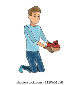 Man with tomatos on basket scribble