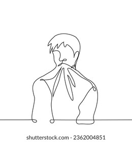 man took the neck of his T-shirt in his mouth - one line art vector. concept idleness, depression, nervousness and eating inedible things or a metaphor for eating yourself